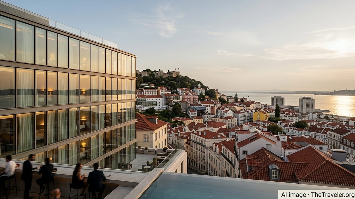 Cityscape of Lisbon at golden hour highlighting modern hotels among historic tiled buildings.