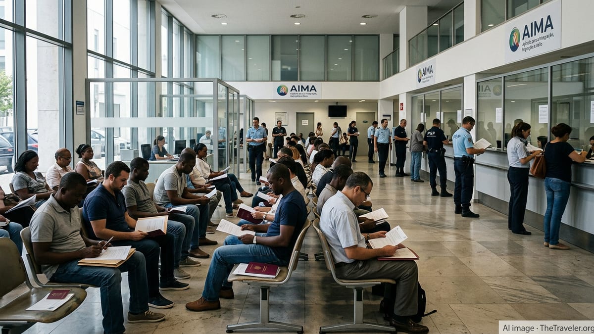 Foreign residents in a Lisbon immigration office with staff and police conducting document checks.