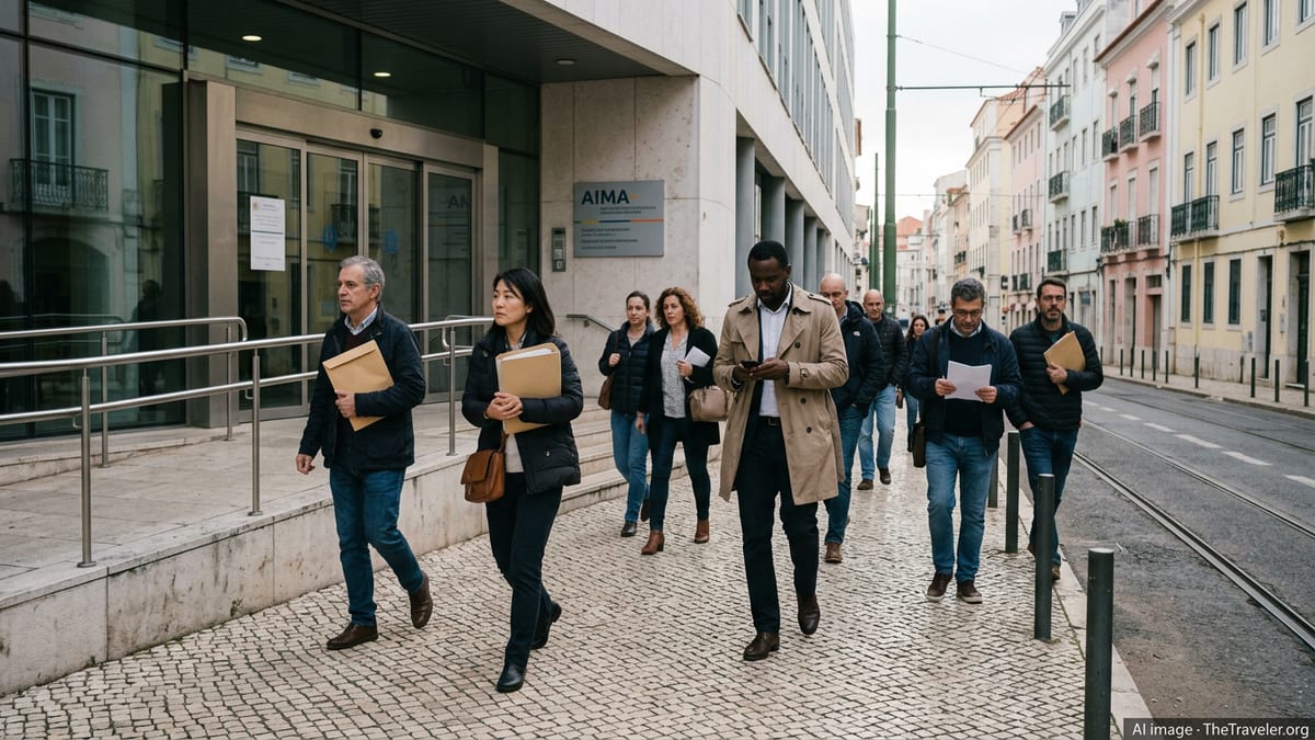 Foreign residents outside a Portuguese immigration office in Lisbon on an overcast day.