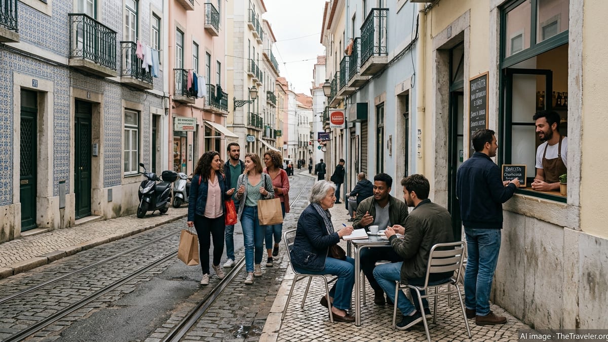 Expats and locals talking outside a Lisbon café, illustrating everyday social integration in Portugal.
