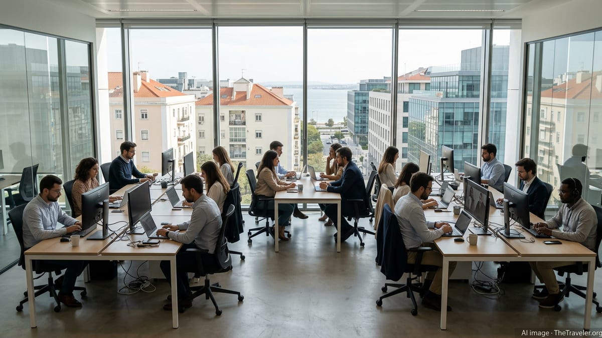 Modern Lisbon office with diverse professionals working at desks overlooking the city skyline.