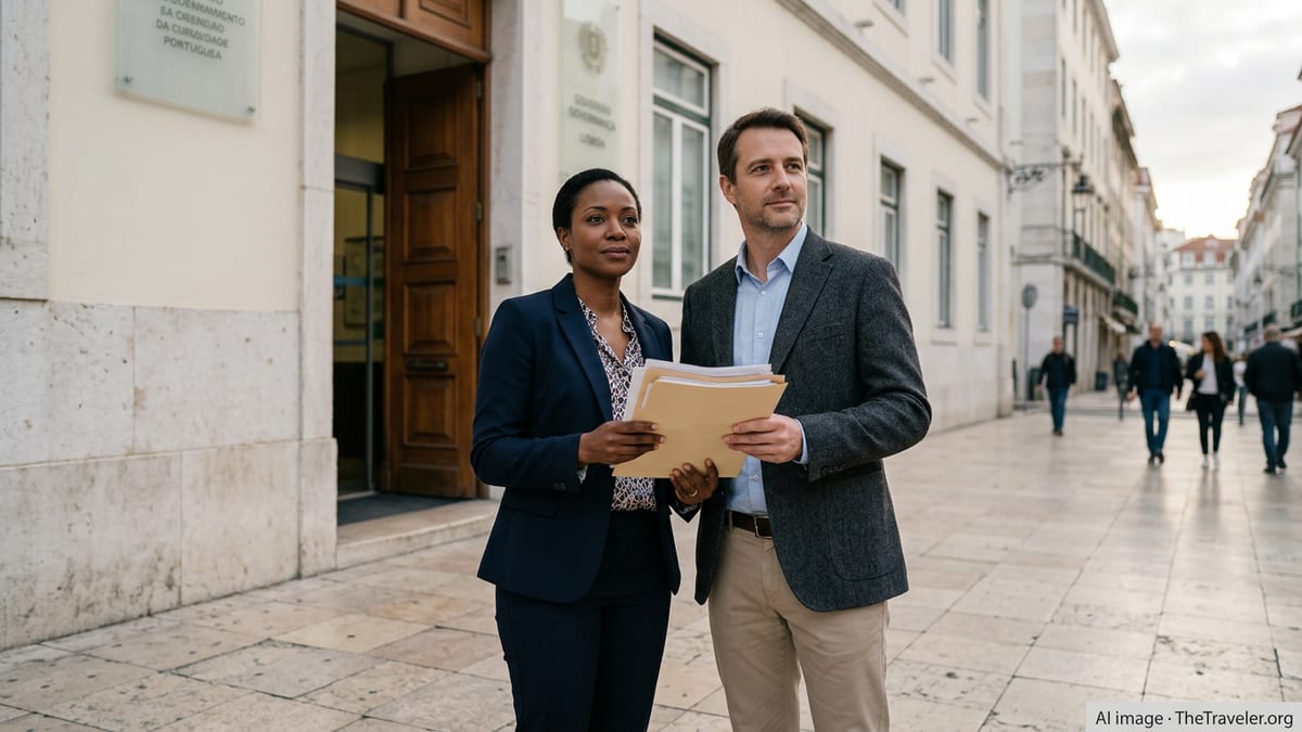 Two people holding documents outside a Portuguese immigration office in Lisbon