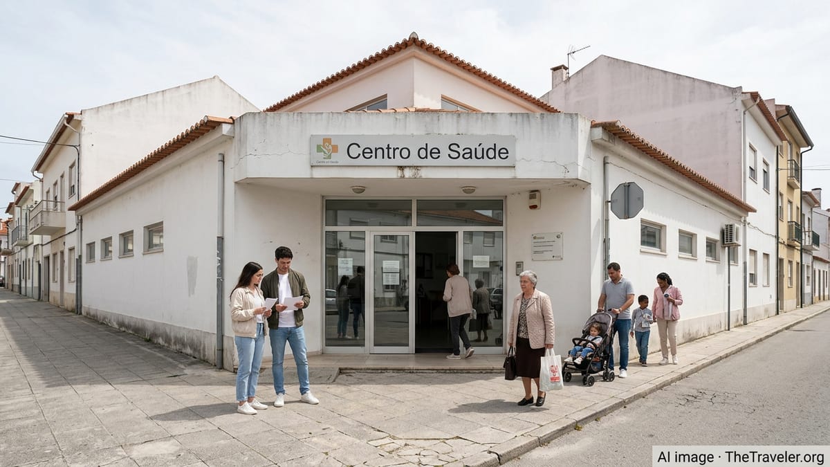 Residents outside a Portuguese public health center waiting near the Centro de Saúde entrance.