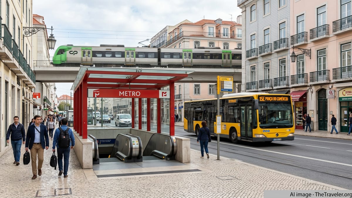 Lisbon street scene with metro entrance, city bus and suburban train showing Portugal public transport.