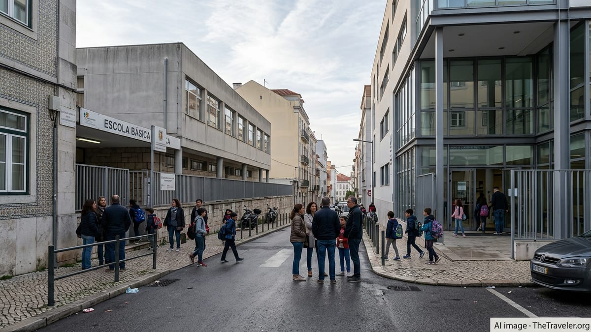 Parents and children outside public and private school buildings in Lisbon at morning drop off.