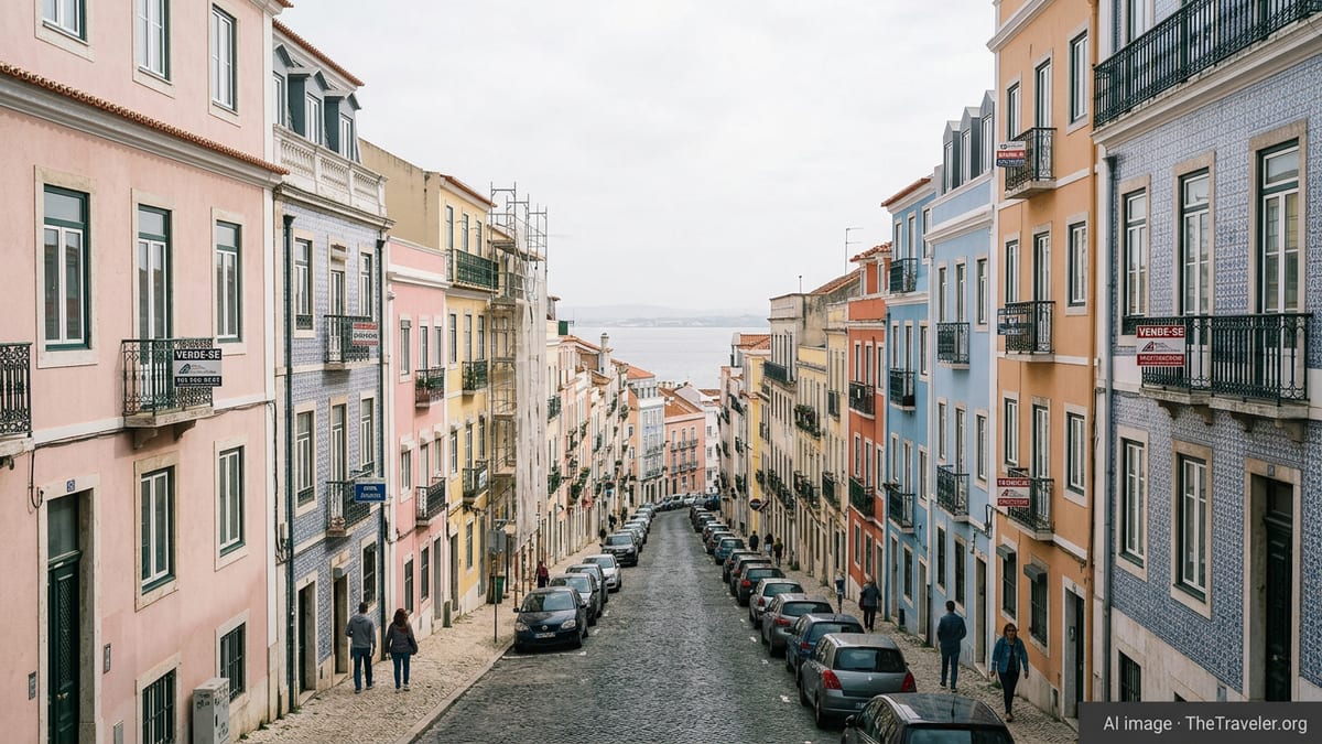 Lisbon residential street with apartment buildings and real estate signs on a bright overcast day.
