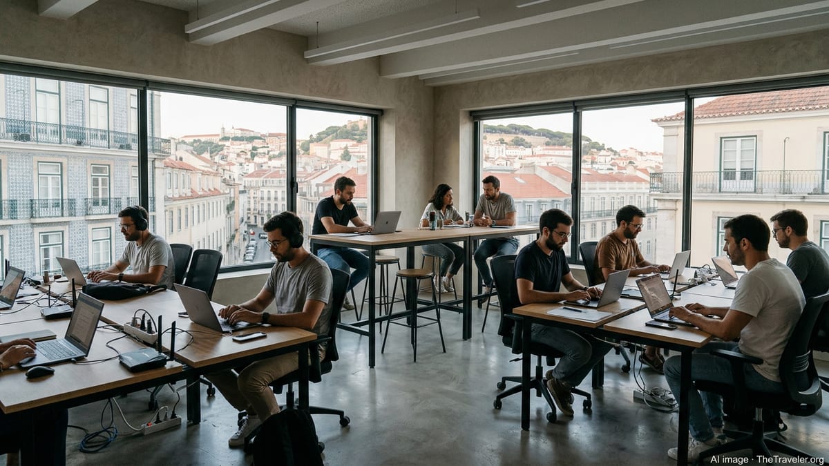 Remote workers using laptops in a bright Lisbon coworking space with city views.