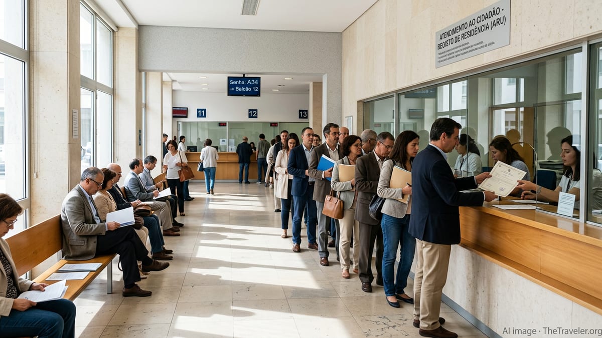 People waiting at a Portuguese municipal office counter to receive residency certificates.