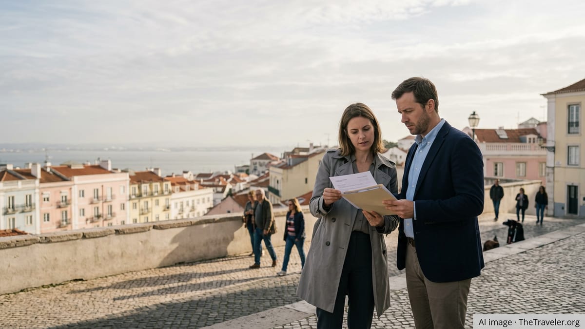 Foreign couple in Lisbon reviewing residency documents overlooking the city