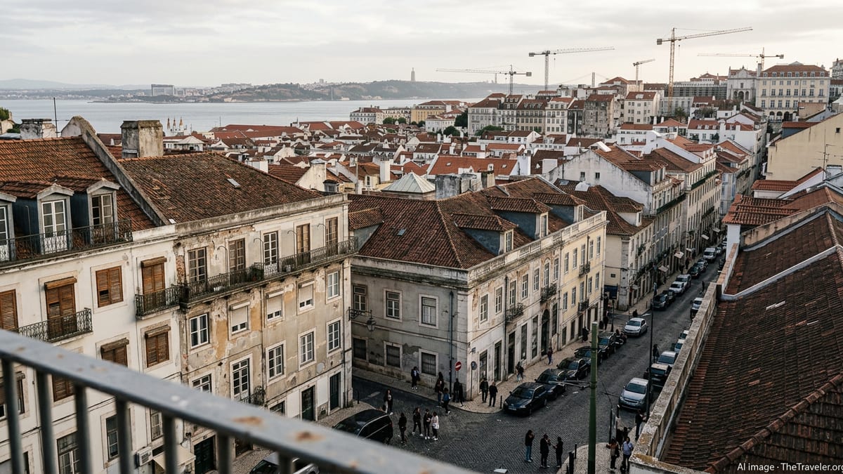 Elevated view of central Lisbon with dense housing, cranes and the Tagus River under soft daylight.