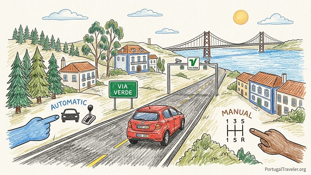 Small rental car parked beside a Portuguese motorway with green hills and road signs for Lisbon and Porto.