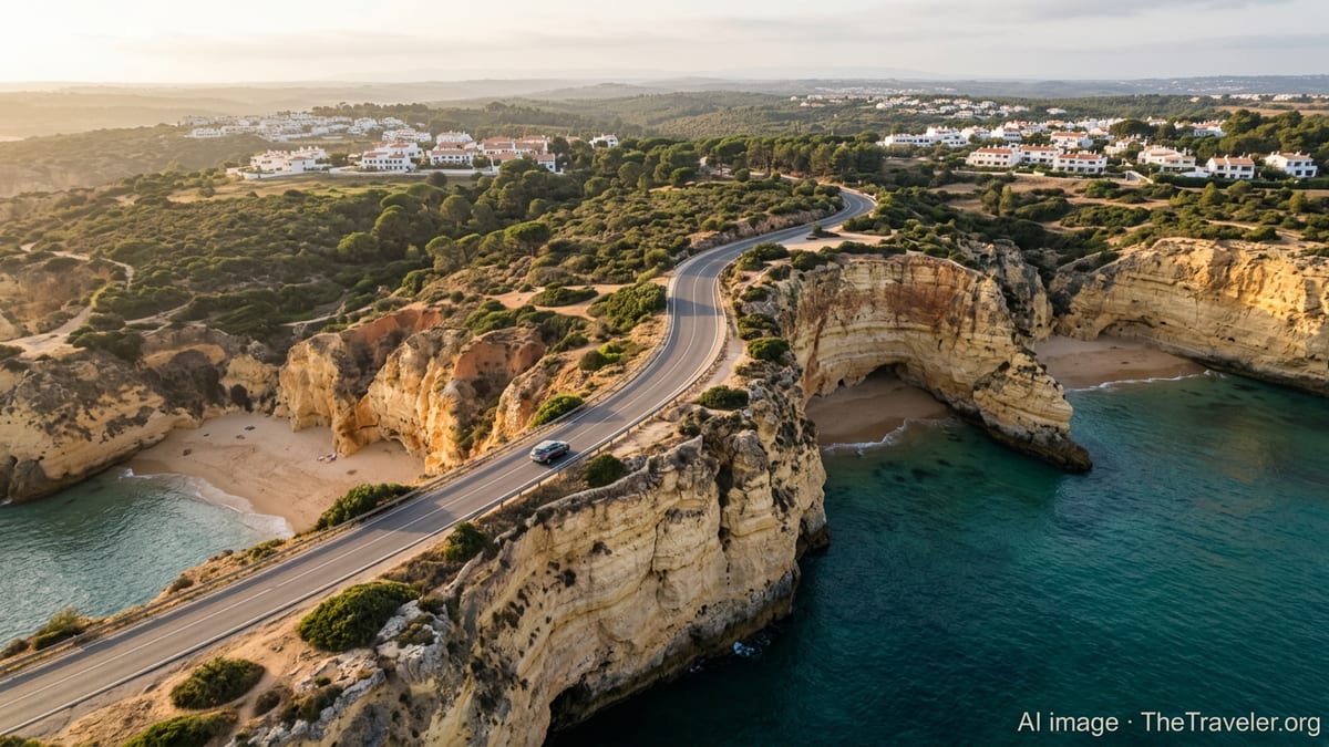 A small car drives along Algarve cliffs above turquoise Atlantic coves at golden hour.