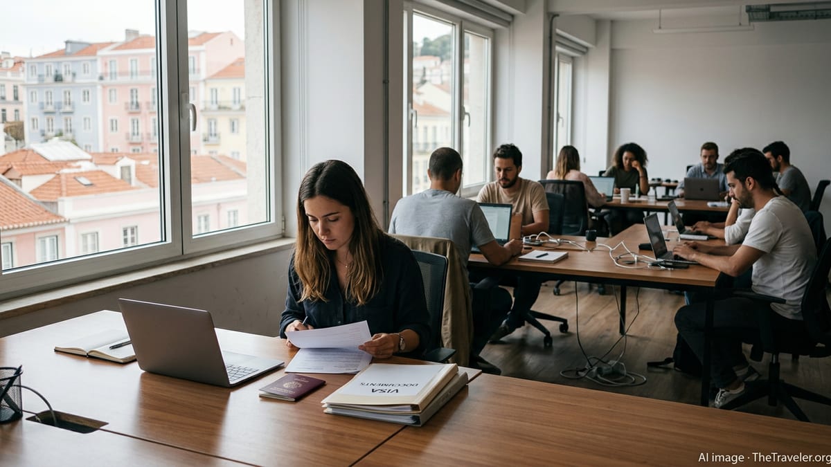 Freelancers working with laptops in a bright Lisbon coworking space overlooking city rooftops.