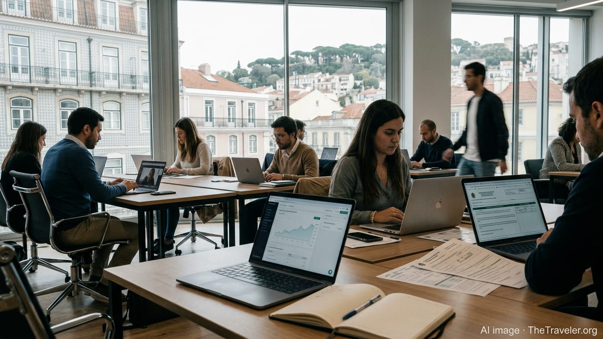 Remote workers in a Lisbon coworking space reviewing social security documents.