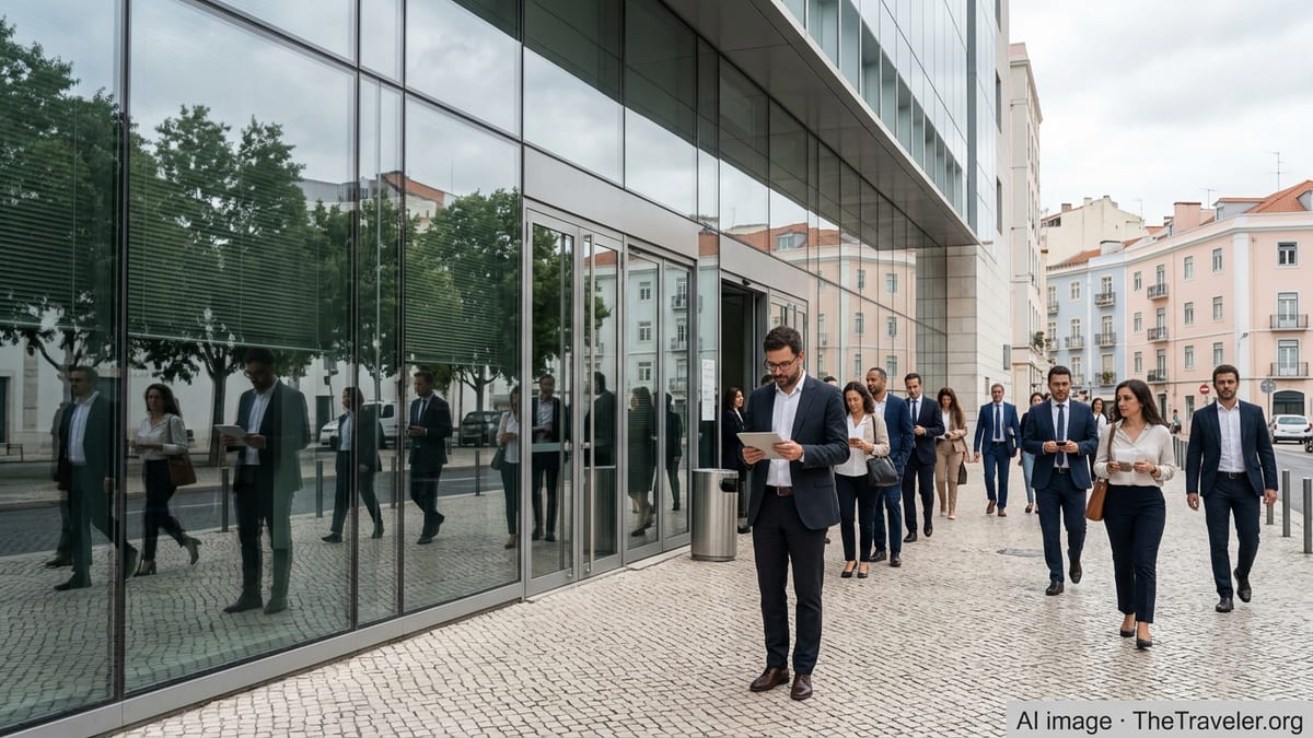 Professionals outside a modern Lisbon tax office building on an overcast day