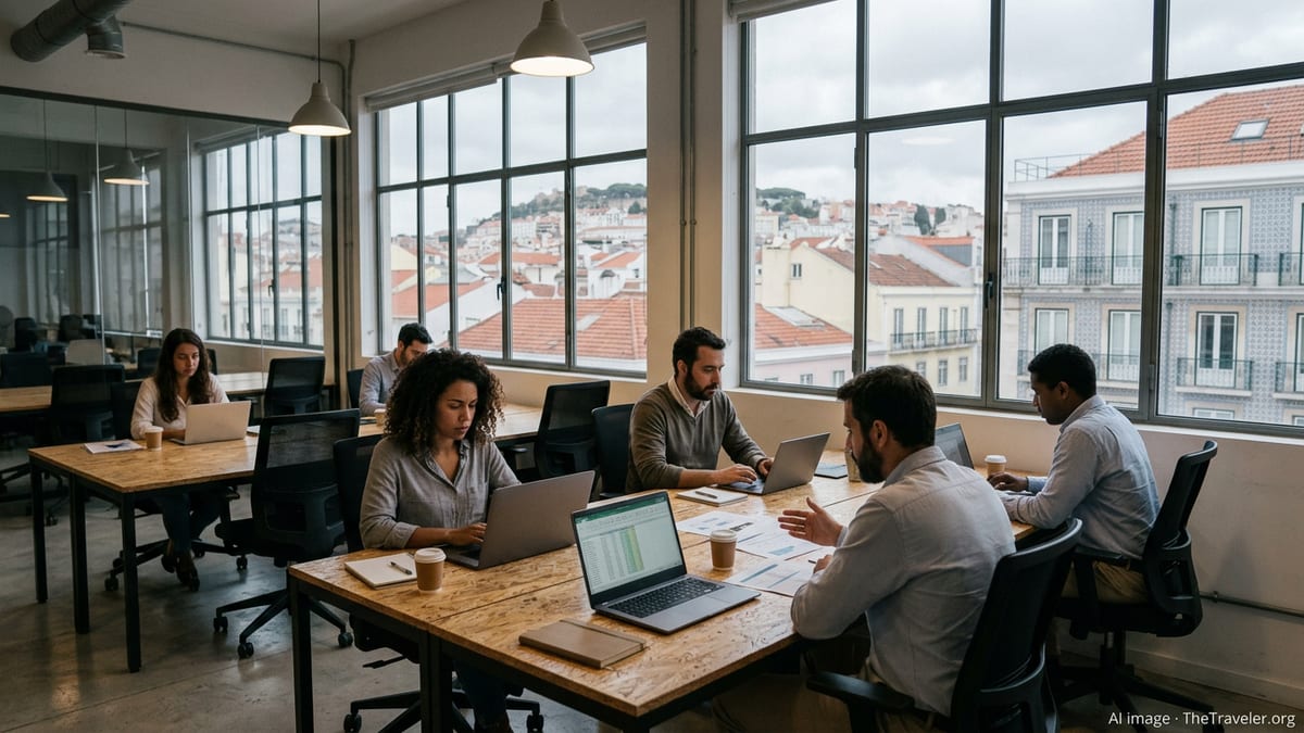 Remote workers in a Lisbon coworking space reviewing documents with city rooftops outside.