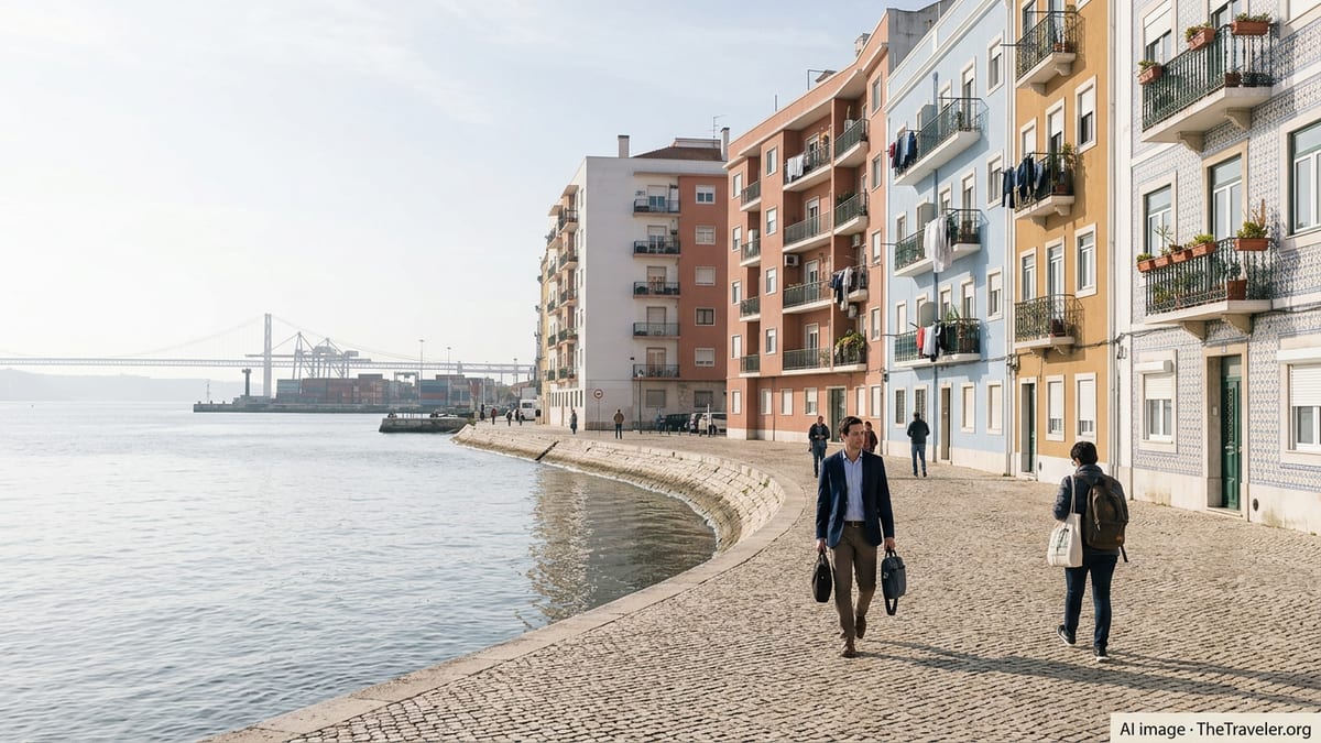 Riverside Lisbon apartment buildings overlooking the Tagus River under soft daylight.