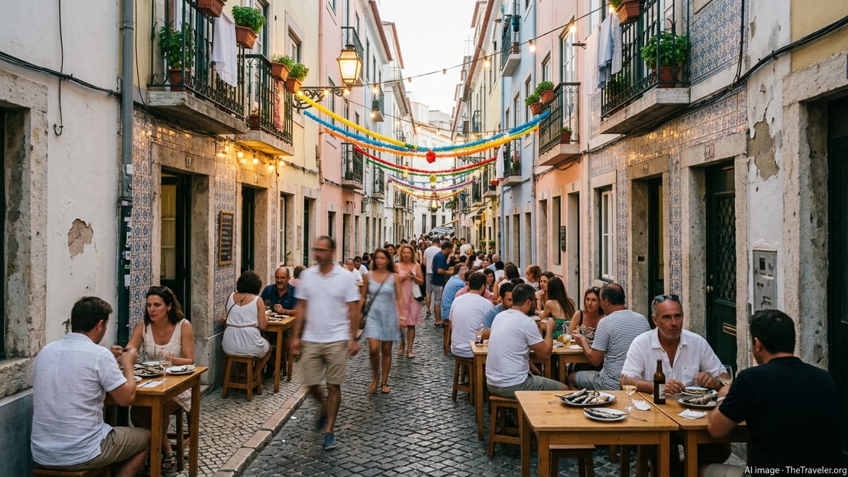 Evening street festival in Lisbon’s Alfama with lights, sardine grills and locals under colorful garlands.