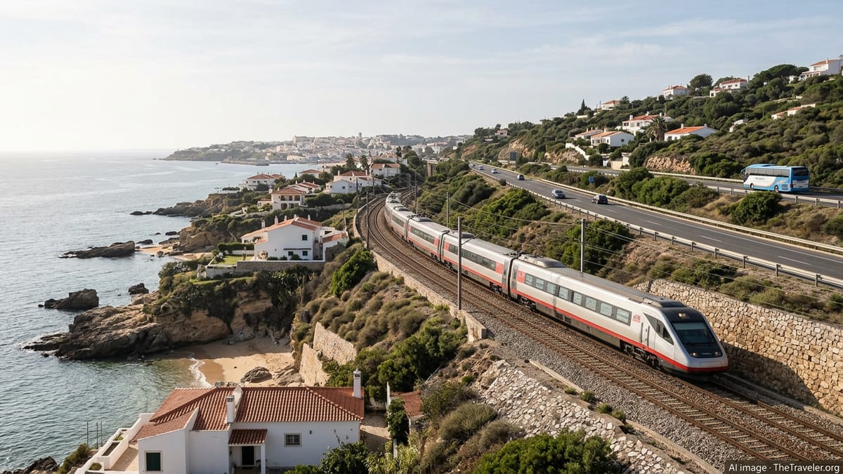 Alfa Pendular train, highway and coach along Portugal’s coastline on a clear day.