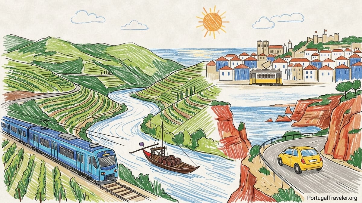 Lisbon hillside street with yellow tram, café terrace and travelers checking a receipt at sunset.