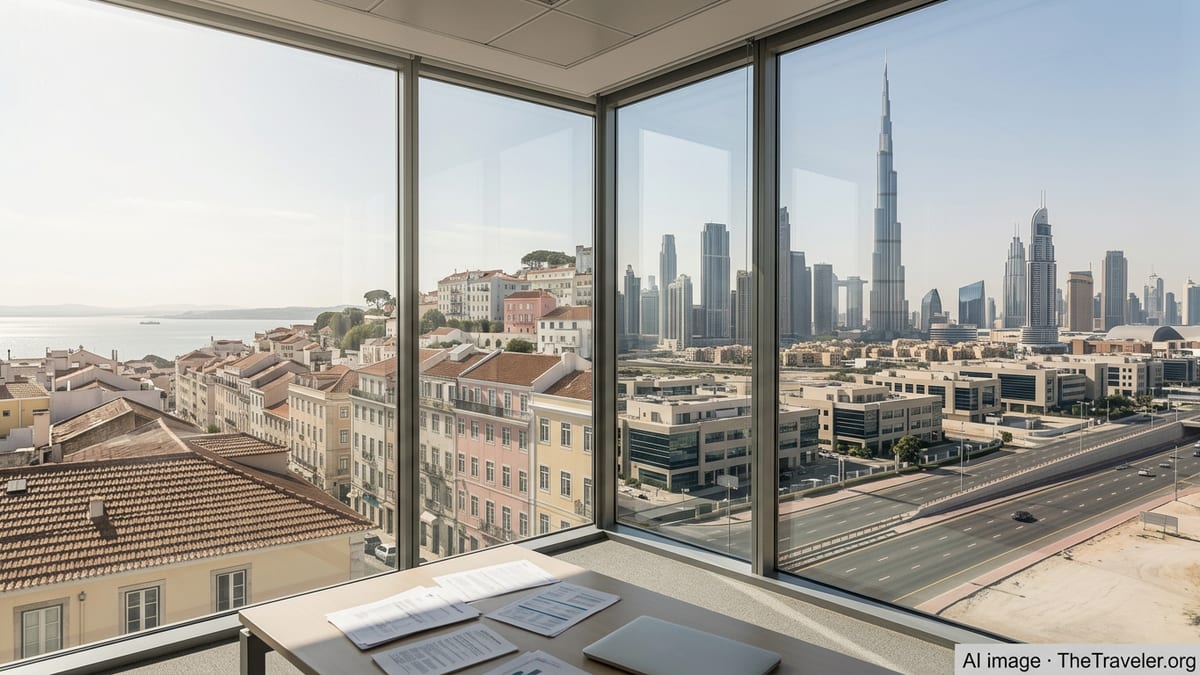 Panoramic view contrasting Lisbon’s historic rooftops with Dubai’s modern skyline, symbolizing tax relocation choices between