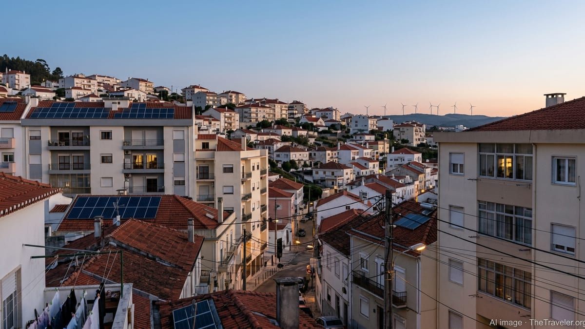 Portuguese hillside neighborhood at dusk with homes, power lines and rooftop solar panels.