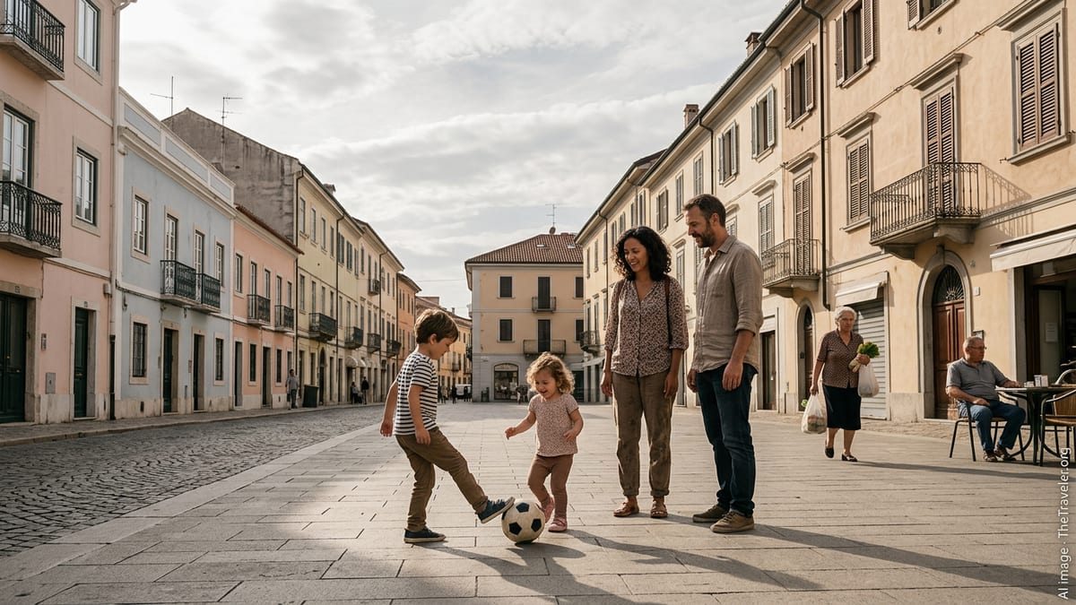 Family with children in a Southern European square showing Portuguese and Italian-style buildings.