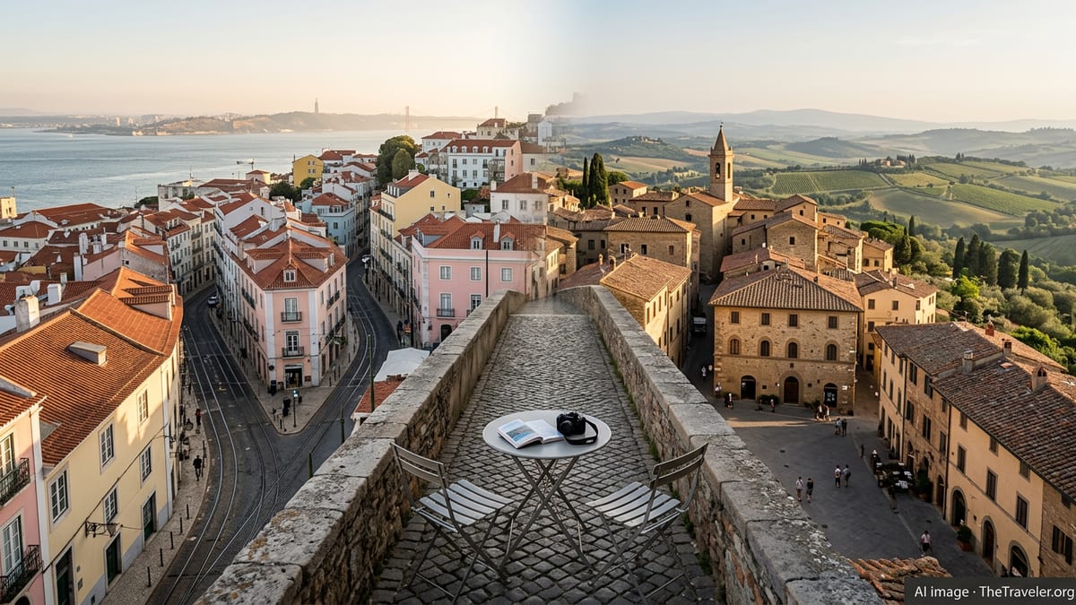 Sunset view over Lisbon rooftops and a Tuscan hilltown with a quiet café terrace in the foreground.