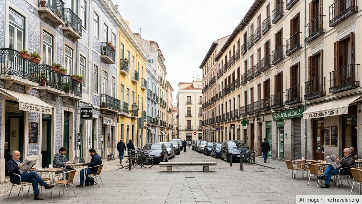 Everyday residential street scene contrasting typical Portuguese and Spanish urban neighborhoods.
