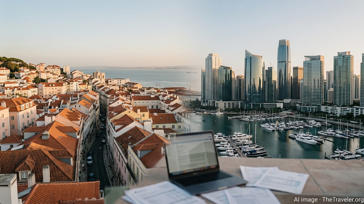 Split cityscape showing Lisbon and a modern skyline, symbolizing Portugal versus territorial tax countries for expats.