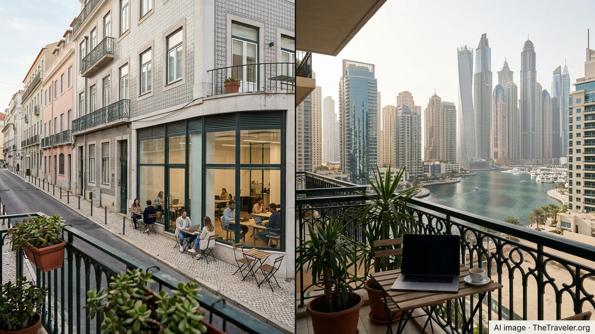 Comparative cityscape of Lisbon and Dubai illustrating remote work lifestyles.