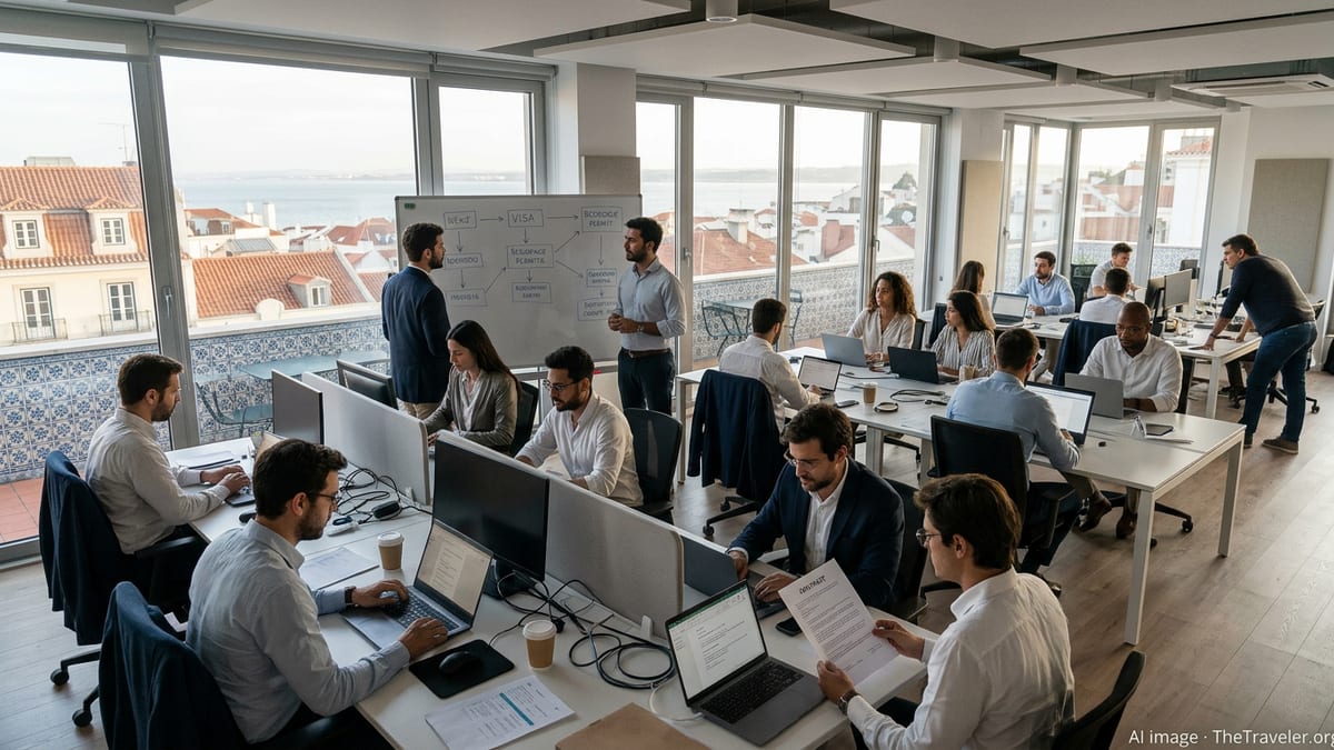 International professionals working in a Lisbon office with city rooftops and river view.