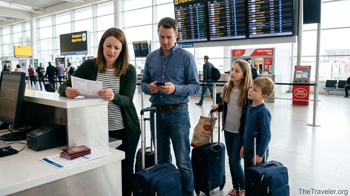 Family at airport check-in reviewing travel insurance documents before an international flight.