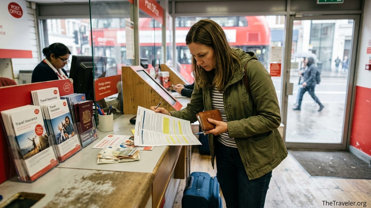Traveller reading Post Office travel insurance documents at a London branch counter.