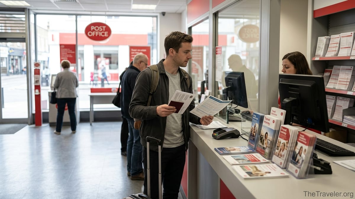 Traveller discussing Post Office travel insurance at a UK post office counter.