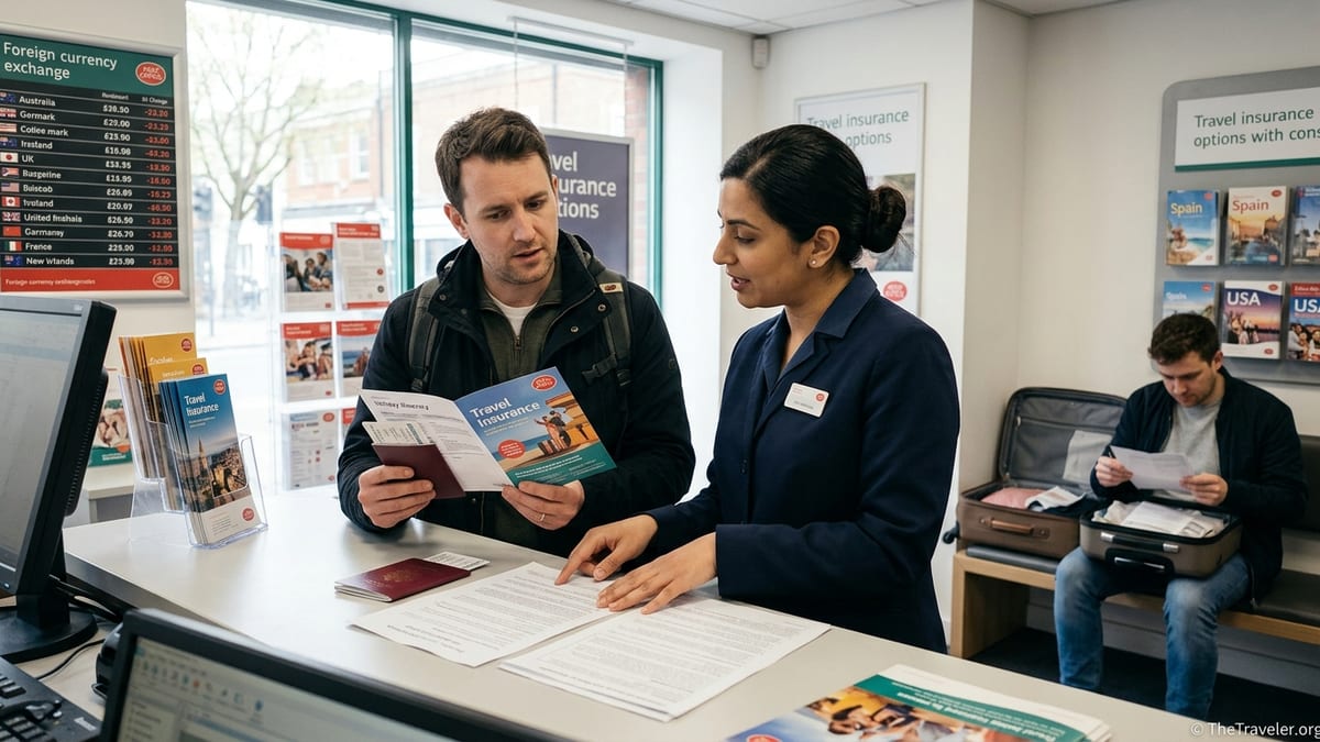 Traveller reviewing travel insurance details at a UK post office counter before a trip