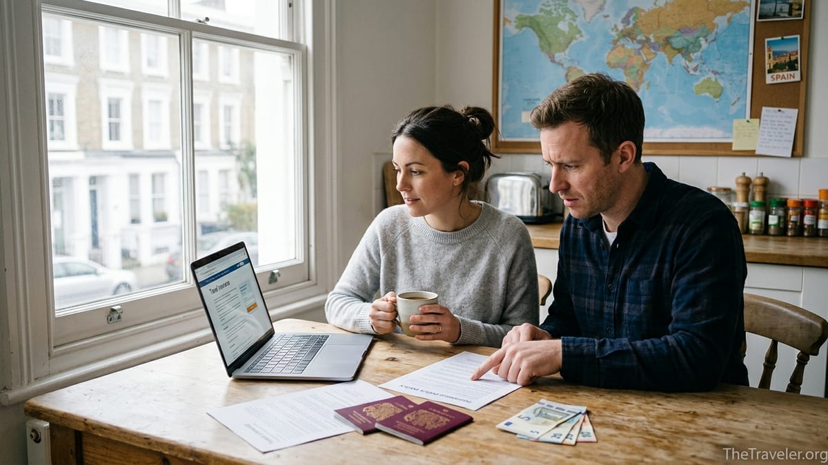 UK couple reviewing Post Office travel insurance documents at home before a trip.