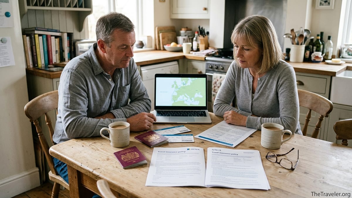 British couple comparing travel insurance documents at a kitchen table before a holiday.