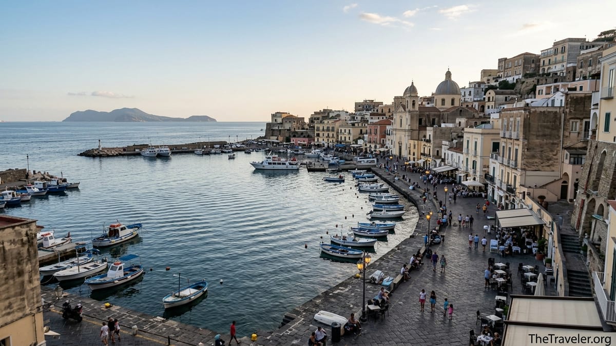 Evening view of Pozzuoli harbor and waterfront promenade with boats and hillside buildings in Campania, Italy.