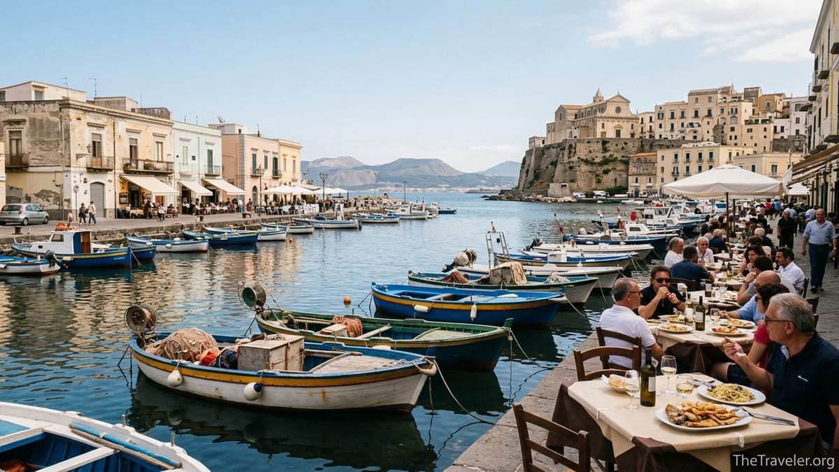 Pozzuoli harbor with fishing boats, waterfront trattorie and Rione Terra headland on a clear afternoon.