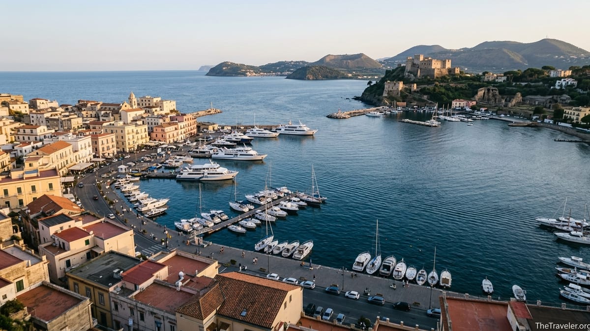 View over Pozzuoli and Baia along the Gulf of Pozzuoli at sunset in the Phlegraean Fields.