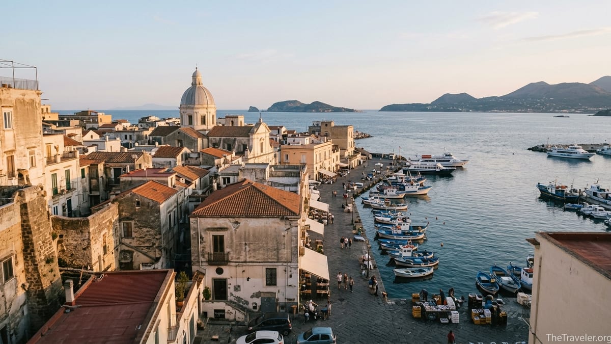 View over Pozzuoli’s harbor, houses and church dome looking out to the Tyrrhenian Sea at sunset.