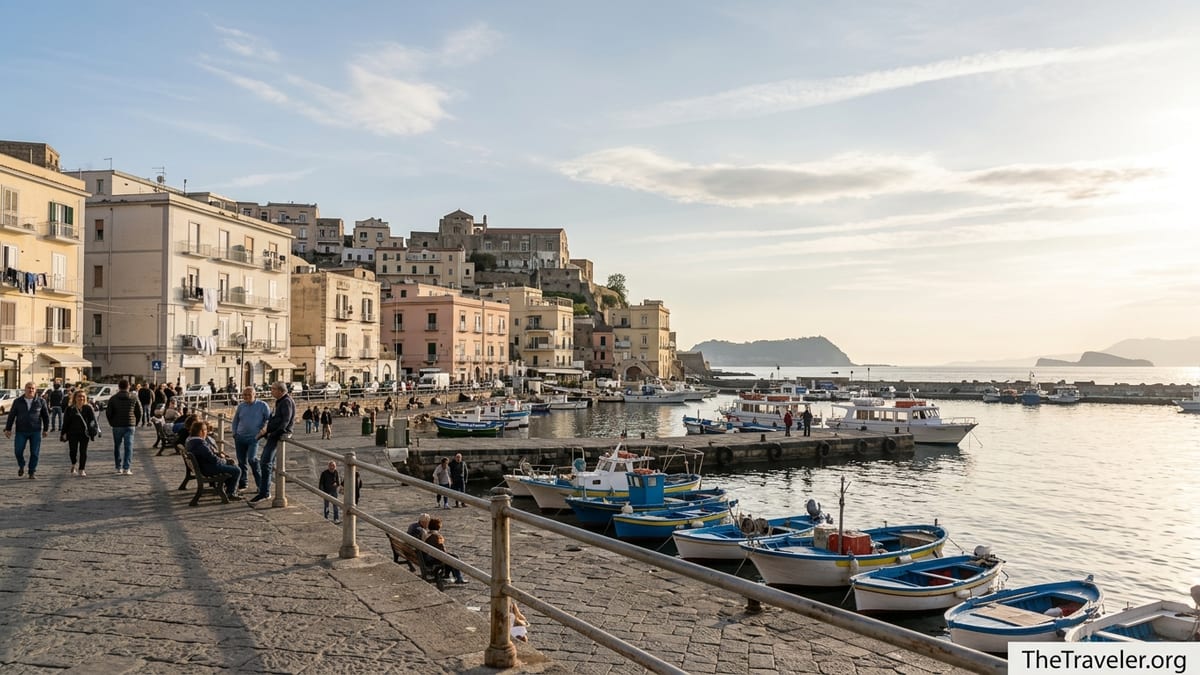 Pozzuoli waterfront promenade at sunset with fishing boats, hillside buildings and calm Bay of Naples.
