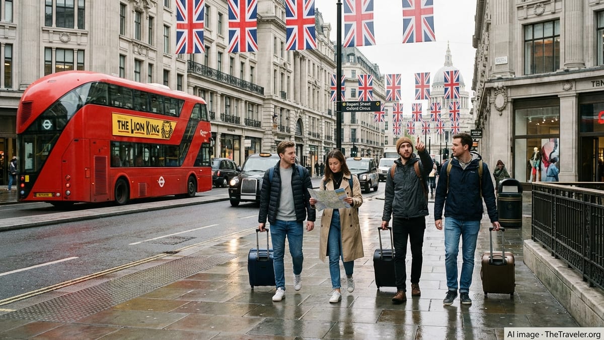 Travelers emerge from a London Underground station onto a busy street with a red double decker bus passing.