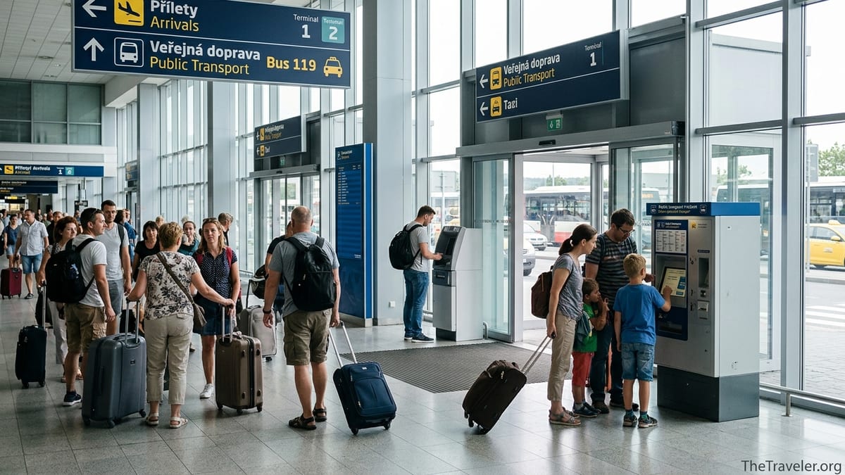 Travelers in Prague Airport arrivals hall using ticket machines and walking toward buses and taxis.