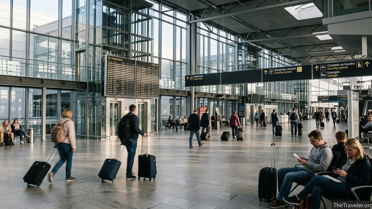Travelers walking through Prague Vaclav Havel Airport departure hall near check-in and departures board.