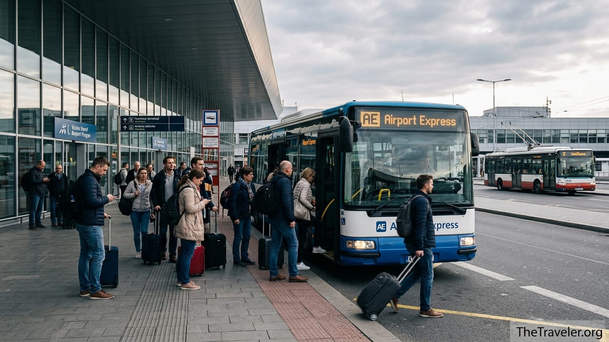 Airport Express bus outside Václav Havel Airport Prague with travelers boarding and luggage on the curb