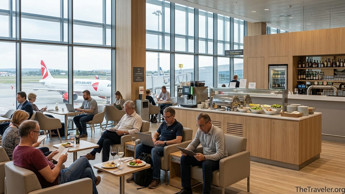 Travelers relaxing in a bright Prague Airport lounge with runway views and buffet area.