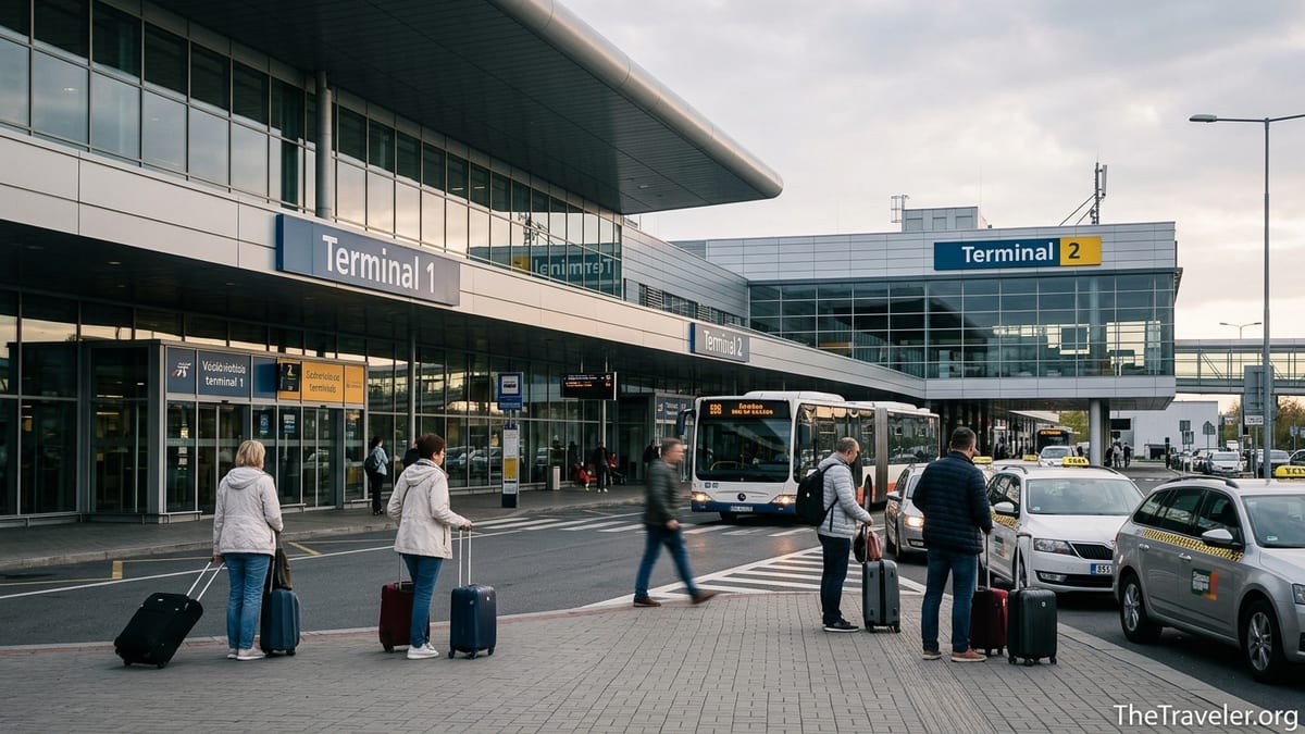 Travelers walking between Terminal 1 and Terminal 2 at Prague Václav Havel Airport exterior.