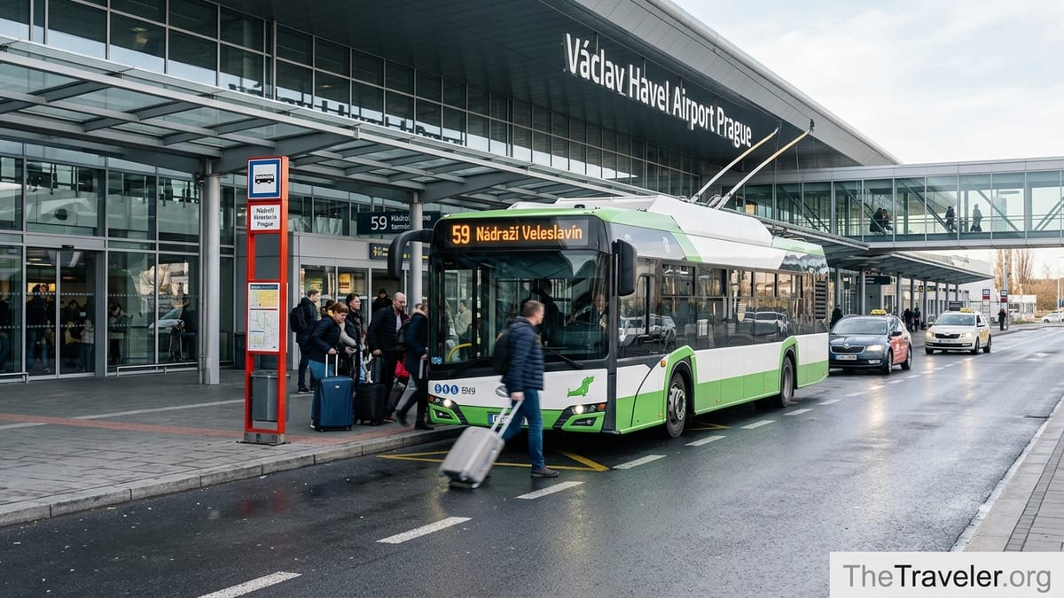 Passengers boarding trolleybus 59 outside Prague Airport terminal with taxis nearby.